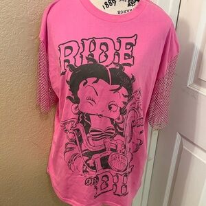 Pink Betty Boop Graphic Women's Short Sleeve Tee with Beaded sleeve